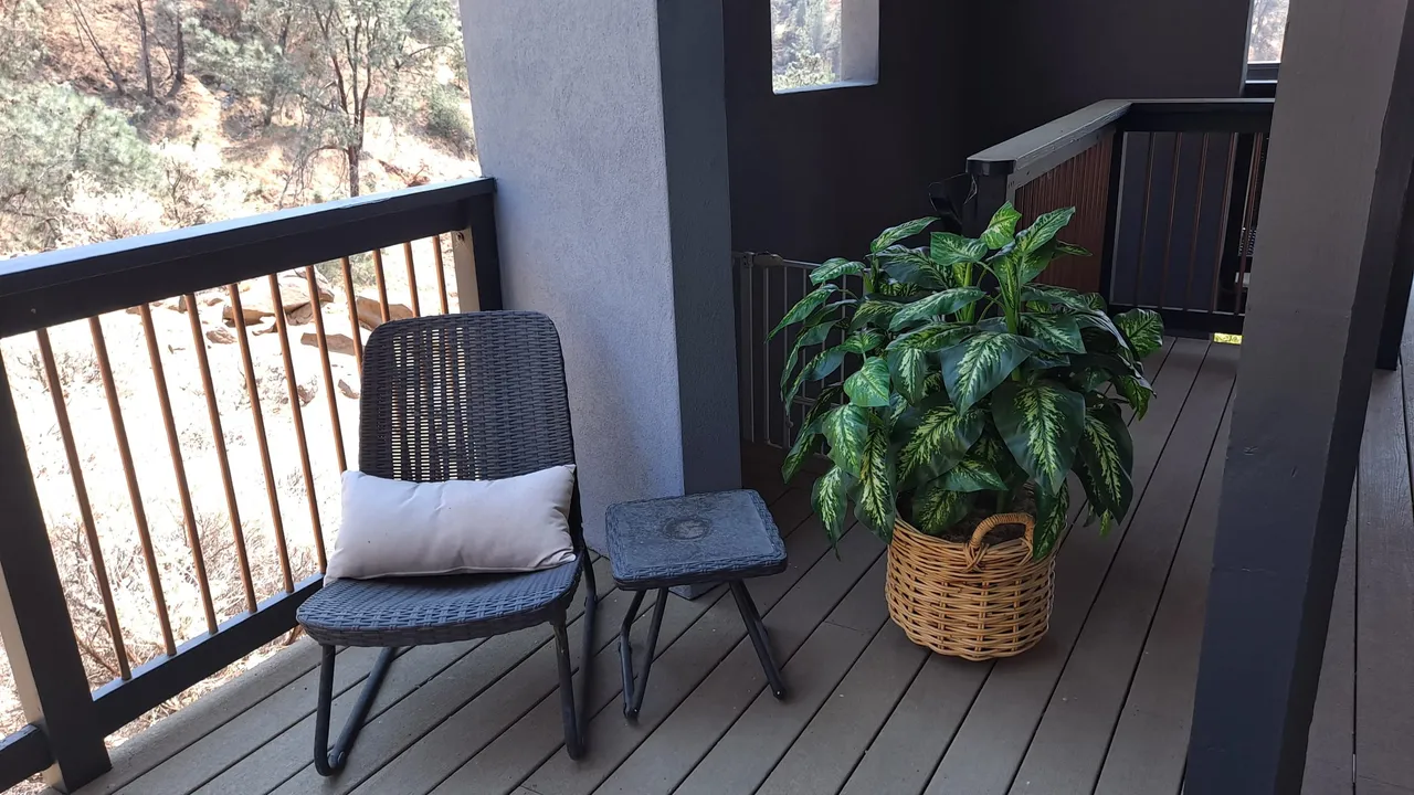 A wicker chair and a potted plant on the deck at the residence