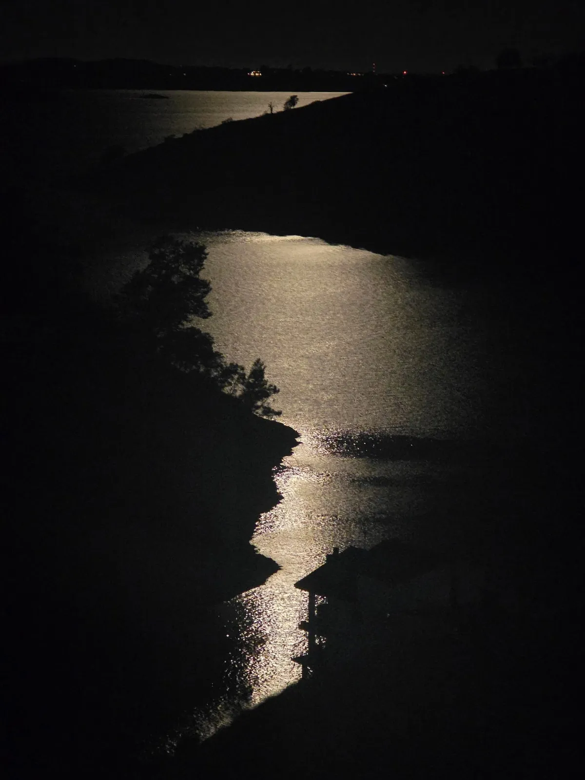 Moonlight on Millerton Lake at night, seen from the residence